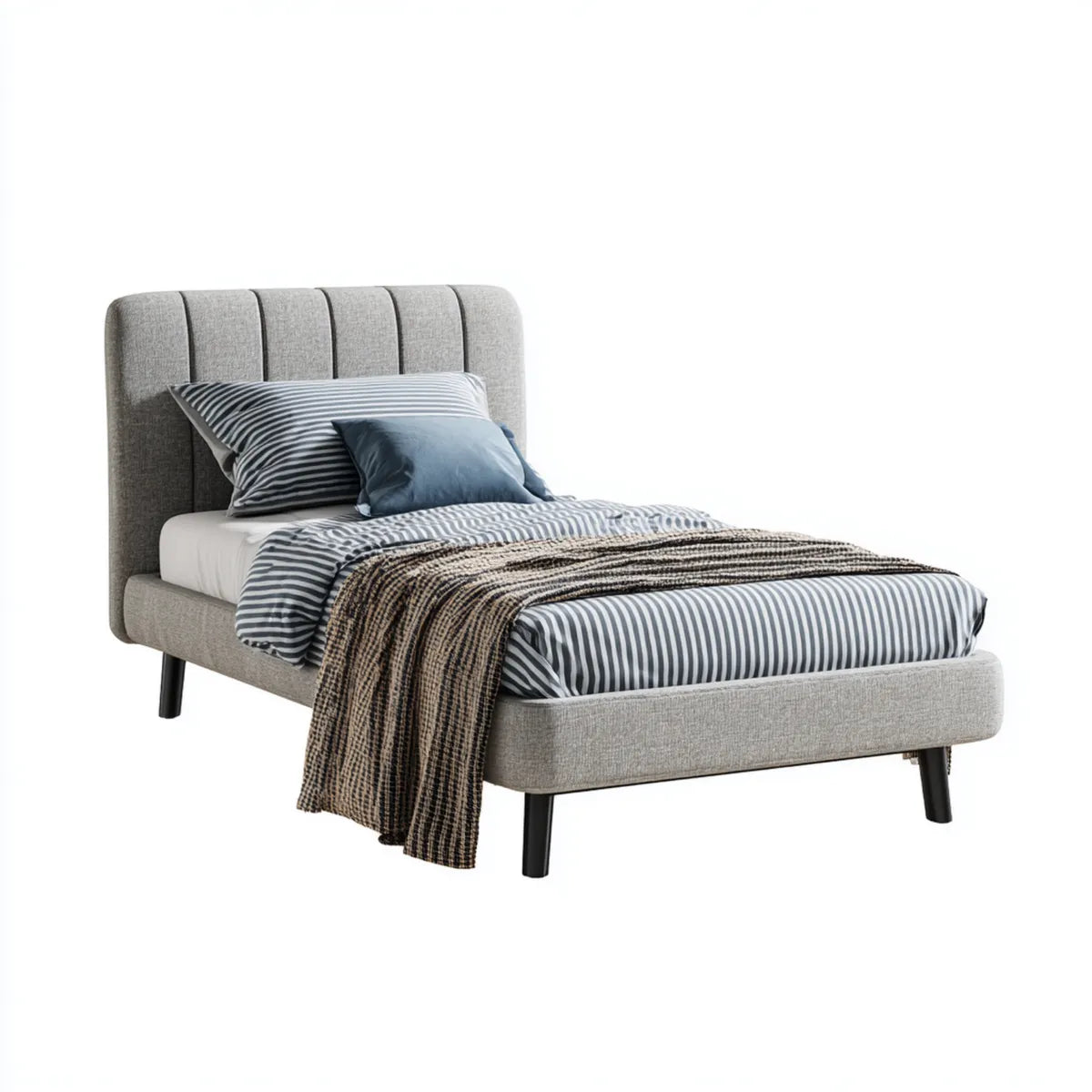 Lit simple capitonné gris 90 x 190 cm en polyester avec tête de lit arrondie