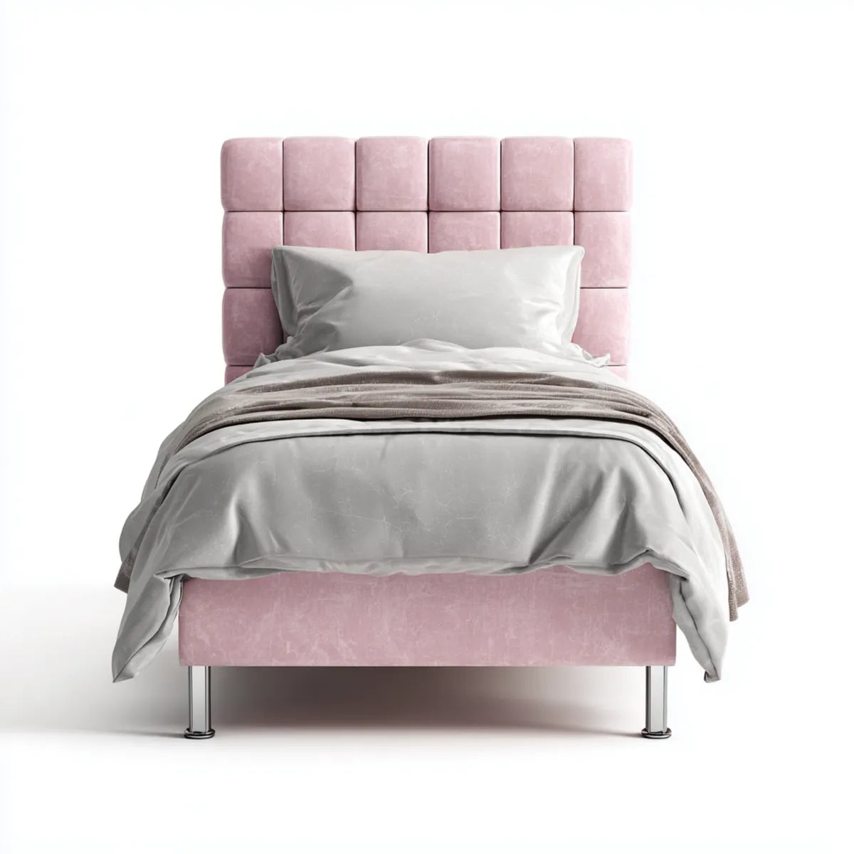 Lit simple capitonné rose 90 x 190 cm en velours de polyester avec tête de lit rectangulaire