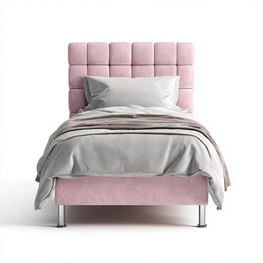 Lit simple capitonné rose 90 x 190 cm en velours de polyester avec tête de lit rectangulaire
