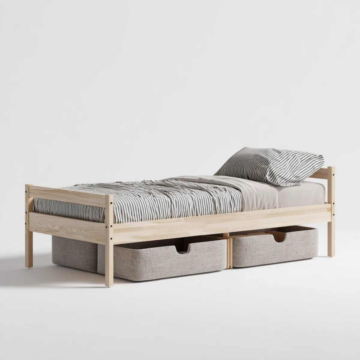 Lit simple avec 2 bacs de rangement naturel et gris 90 x 190 cm en pin massif rectangulaire