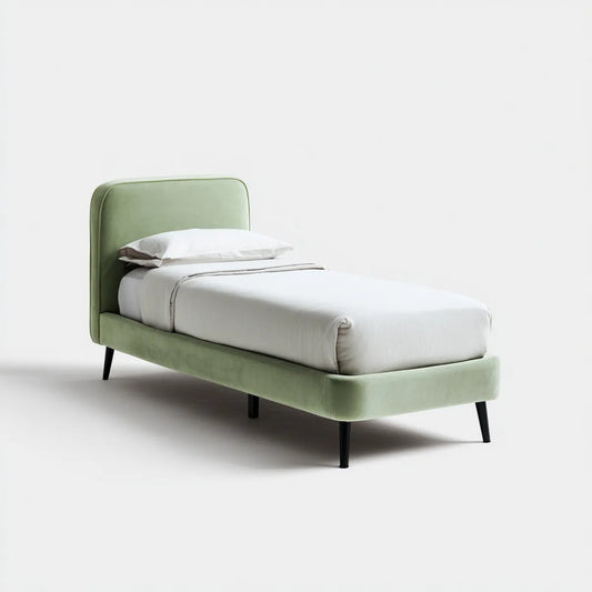 Lit simple capitonné vert sauge 90 x 190 cm en velours polyester avec pieds en acier noir forme rectangulaire