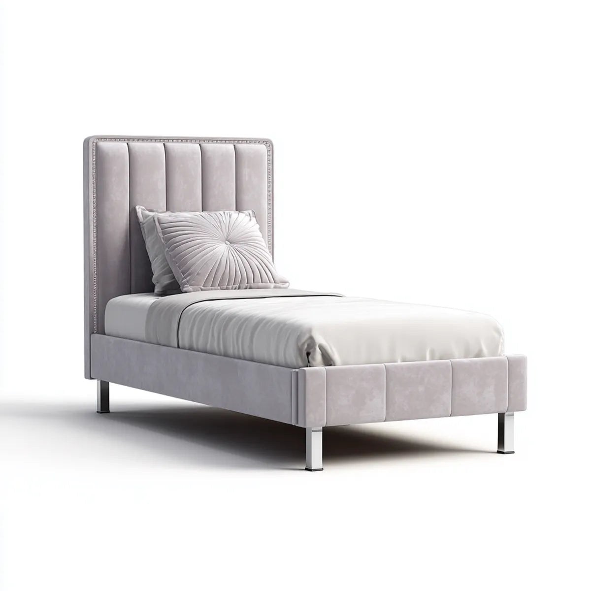 Lit simple capitonné gris en velours de polyester 90 x 190 cm avec tête de lit haute