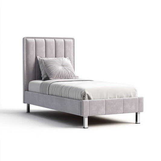Lit simple capitonné gris en velours de polyester 90 x 190 cm avec tête de lit haute