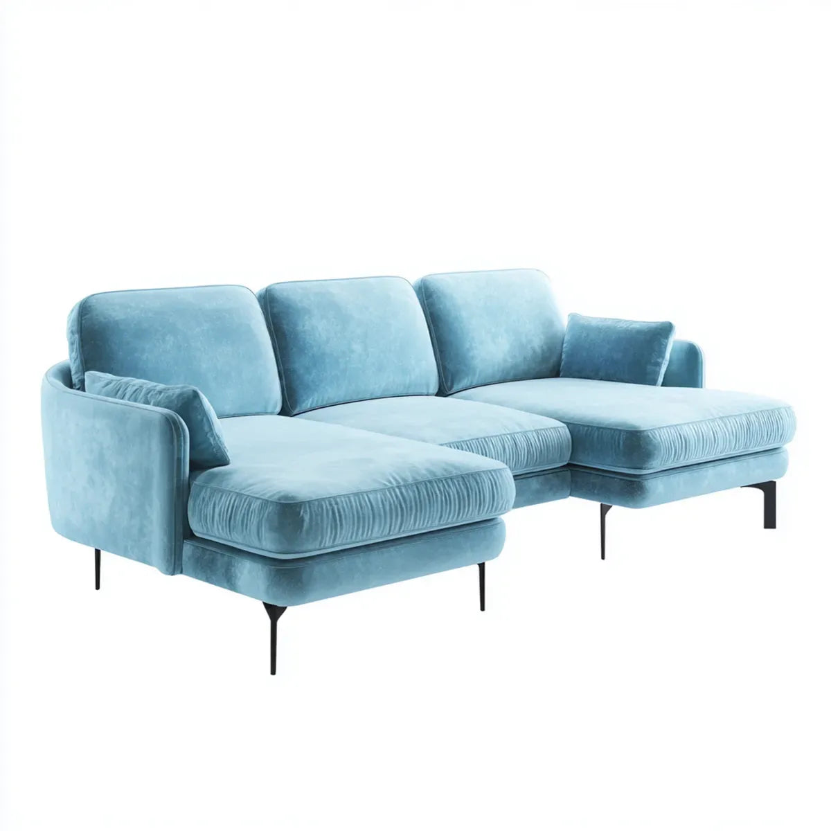 Canapé d'angle 3 places avec méridienne bleu clair en velours polyester 280 x 165 x 85 cm