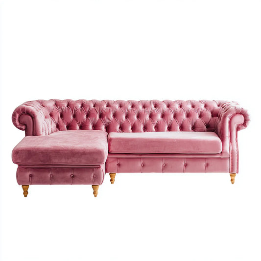 Canapé d’angle Chesterfield en L rose en velours de polyester 250 x 160 x 75 cm