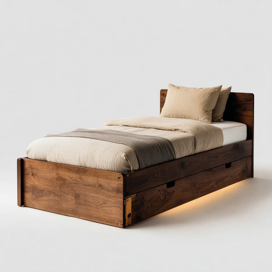 Lit simple avec rangement marron foncé en bois massif 90 x 190 cm rectangulaire