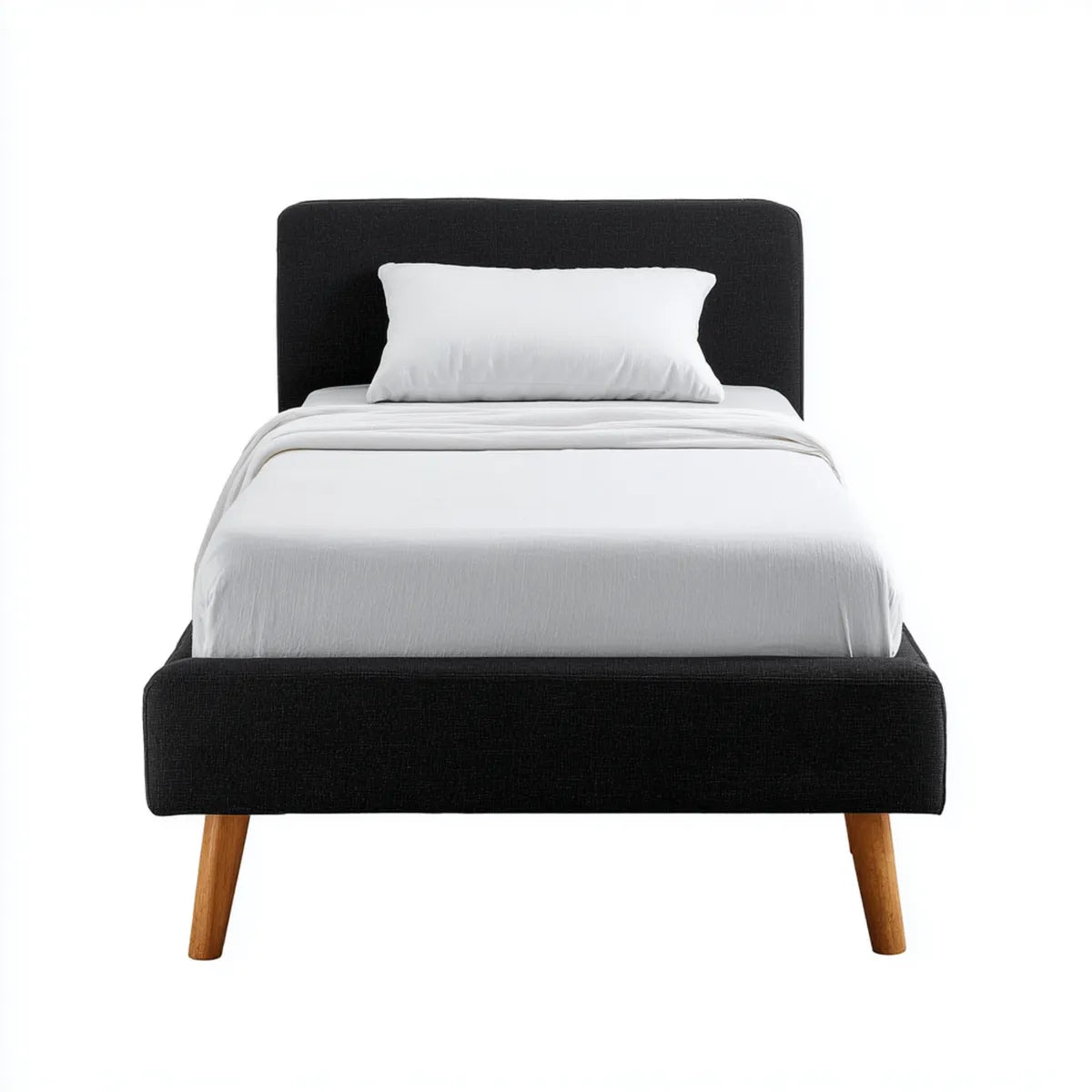 Lit simple noir rectangulaire 90 x 190 cm en polyester avec pieds en hévéa massif