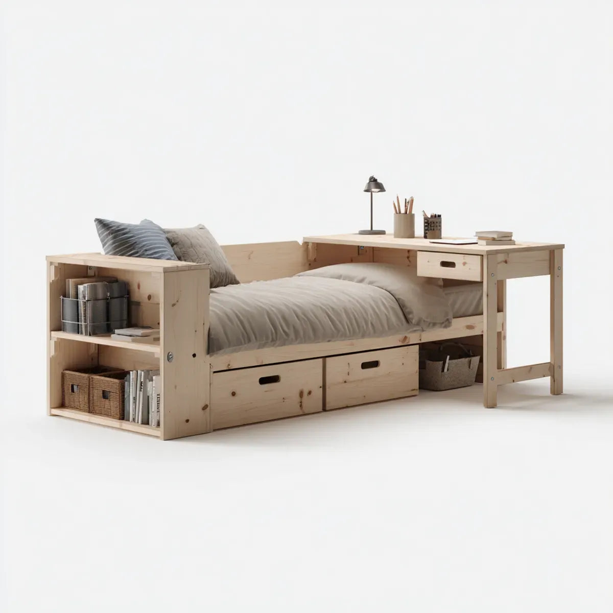 Lit simple avec bureau et rangements en pin massif naturel 90 x 200 cm