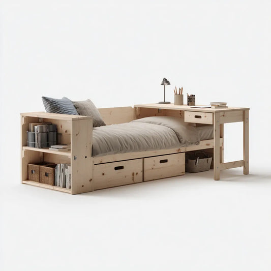 Lit simple avec bureau et rangements en pin massif naturel 90 x 200 cm