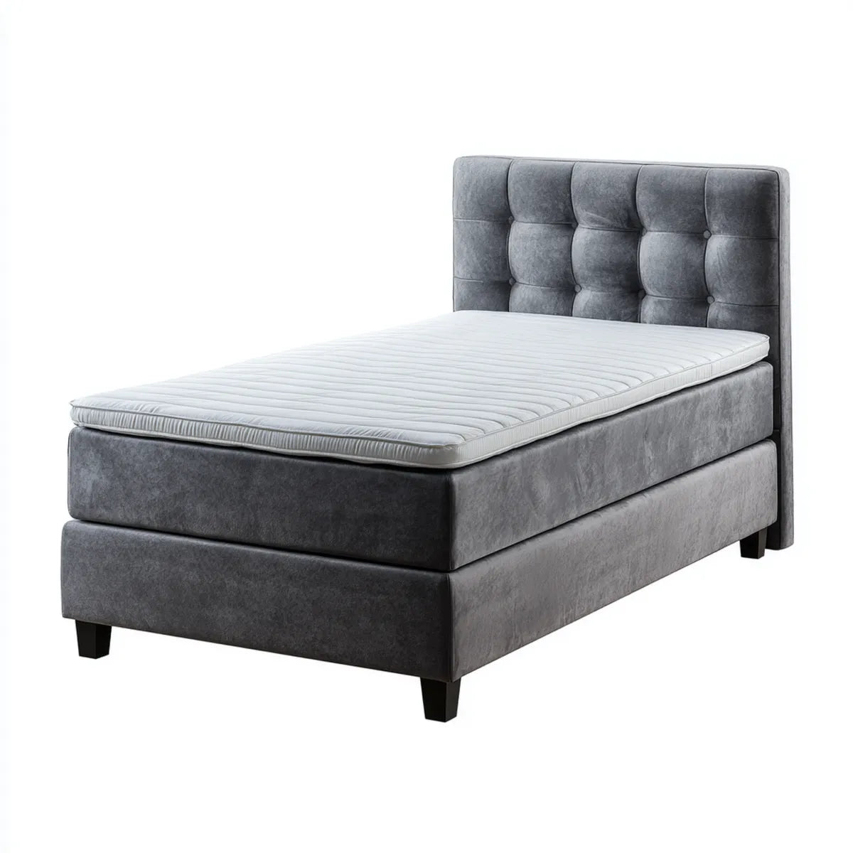 Lit simple boxspring gris foncé 90 x 190 cm en polyester avec tête de lit capitonnée rectangulaire