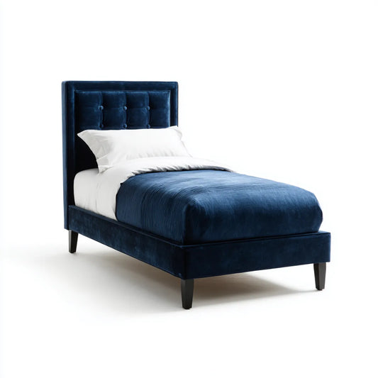 Lit simple capitonné bleu marine en velours polyester 90 x 190 cm avec tête de lit rectangulaire