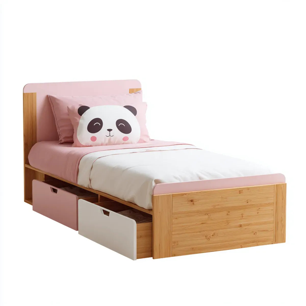 Lit enfant simple avec 2 tiroirs rose et naturel 90 x 190 cm en bambou et MDF