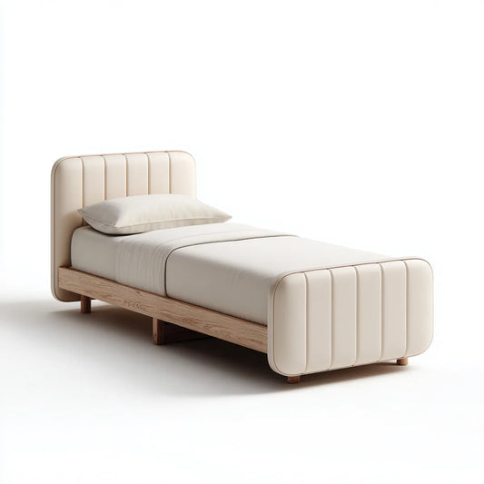 Lit simple capitonné crème 90 x 190 cm en chêne massif et cuir synthétique PU à bords arrondis